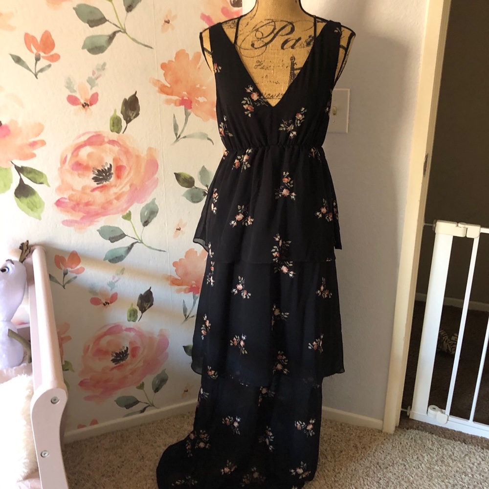 Black Tiered Maxi Dress with floral print